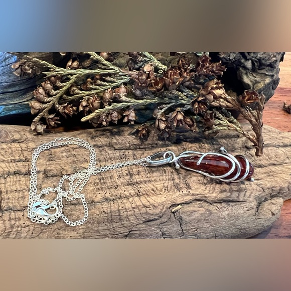 🔥Host Pick🔥Baltic Red Orange Cognac Amber Sterling Wrapped Pendant & Chain 18” - Picture 10 of 12